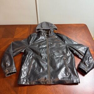 Levis Jacket Mens Faux Leather Moto‎ Biker Sherpa Lined Hooded Black L read